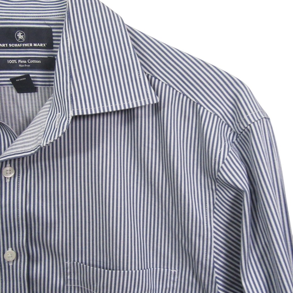 Hart Schaffner Marx Mens Button Up Shirt M 16/34 Blue Pinstripe Non Iron